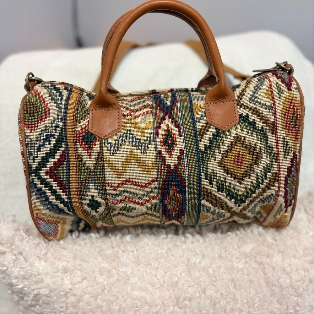 Vintage Southwestern Coastal Barrel Bag Aztec Geometric USA Made Boho Crossbody